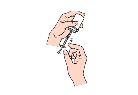 画像:注射器のなかに気泡ができていないか確認してください。気泡ができている場合は、気泡が注射器の上部（針のほう）に集まるまで注射器の側面を軽くはじくように叩きます。内筒を押して、注射器の上部に集まった気泡をバイアル内に押し出します。