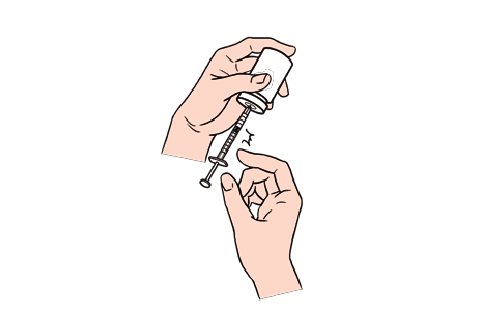 画像:注射器のなかに気泡ができていないか確認してください。気泡ができている場合は、気泡が注射器の上部(針のほう)に集まるまで注射器の側面を軽くはじくように叩きます。内筒を押して、注射器の上部に集まった気泡をバイアル内に押し出します。
