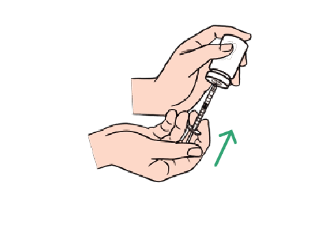 画像:内筒を押して余分なプロジンク®をバイアル内に戻し、注射器内のプロジンク®を必要な単位の目盛に合わせます。必要量に足りていなければ、内筒を引いてプロジンク®を吸い取ってください。