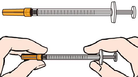 画像:注射器本体と針先のオレンジ色のキャップをしっかり持ち、内筒がスムーズに動くことを確認