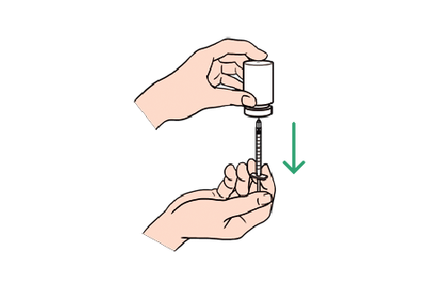 画像:針先が注射液の中にあることを確認できたら内筒を引いて、プロジンク®を必要な単位よりも少し多めに注射器に吸い取ります。​