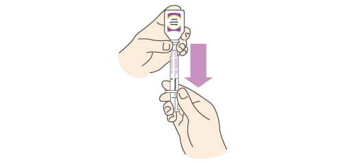 画像:STEP2 図1のようにシリンジを差し込んだままボトルを逆さまにし、シリンジのピストンをゆっくりと引いて、お薬を吸い取ってください。